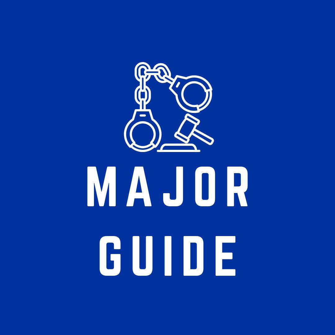 blue logo for criminal justice major, image is a drawing of handcuffs and a gavel above text that reads "major guide"